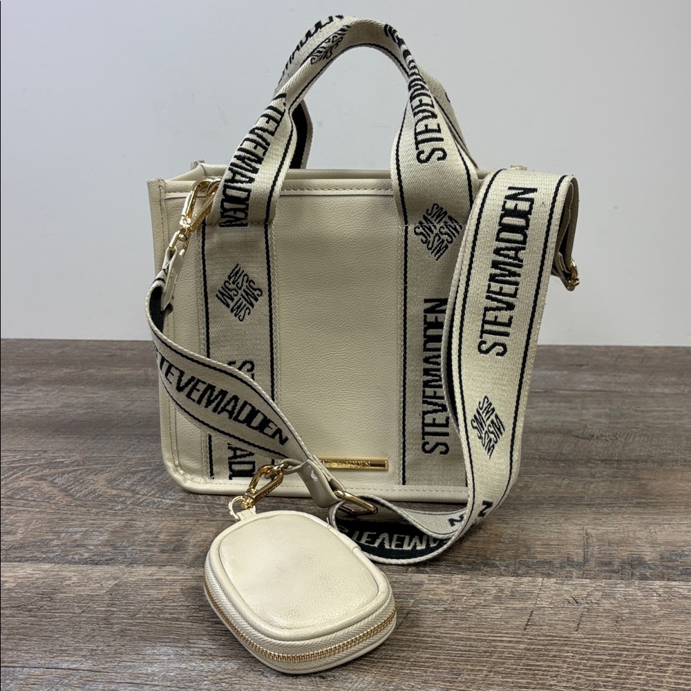 Steve Madden Crossbody Tote with Logo Strap & Coin Pouch – Cream